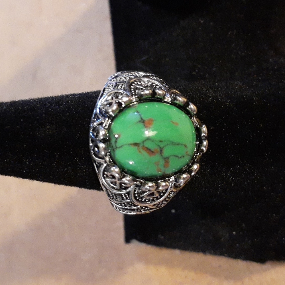 Green Copper Turquoise Statement Ring .925 Sterling Silver Filigree size 7